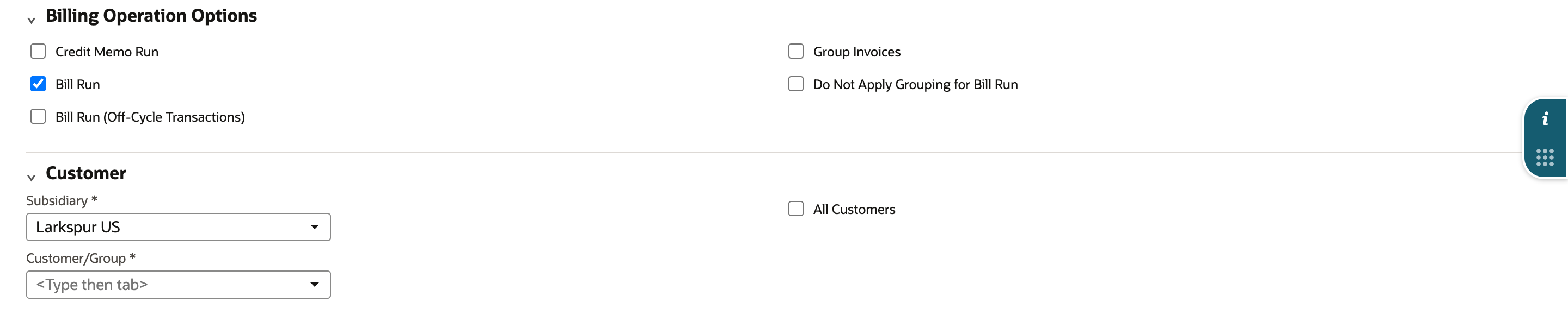 Billing Operation Options with Credit Memo Run cleared and Bill Run checked; Customer section with Subsidiary Larkspur US and All Customers not yet checked