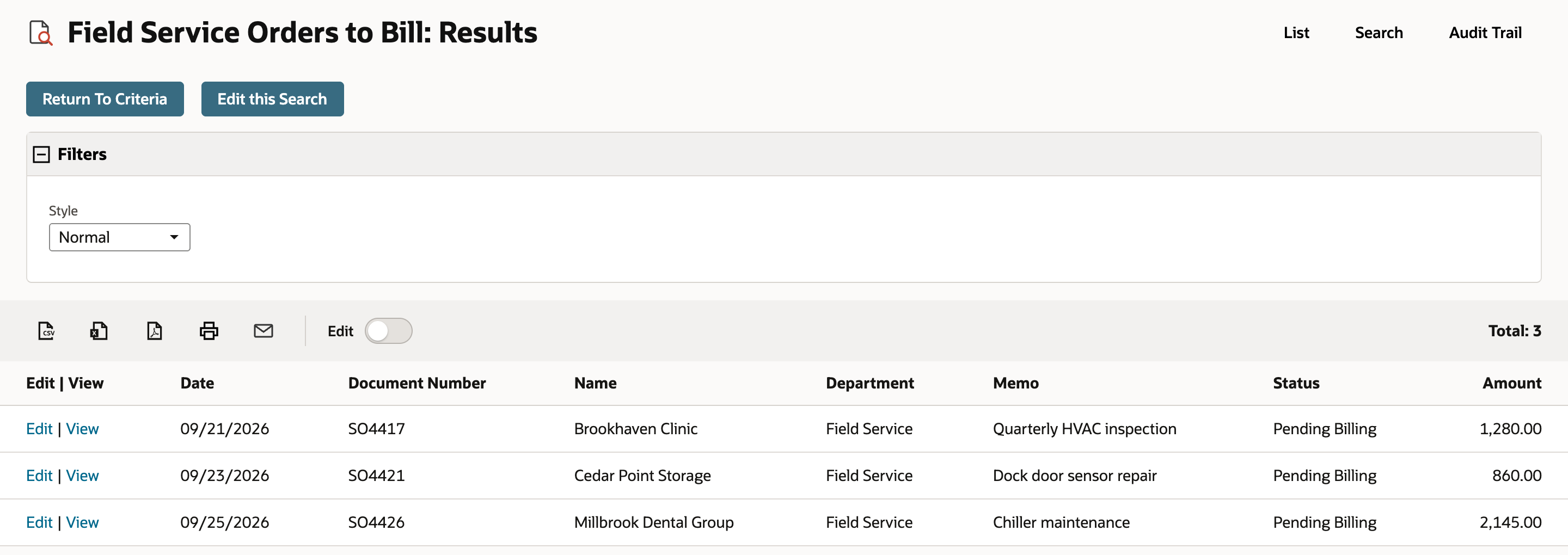 Field Service Orders to Bill: Results with Total 3: SO4417 Brookhaven Clinic 1,280.00, SO4421 Cedar Point Storage 860.00 and SO4426 Millbrook Dental Group 2,145.00, each Field Service and Pending Billing