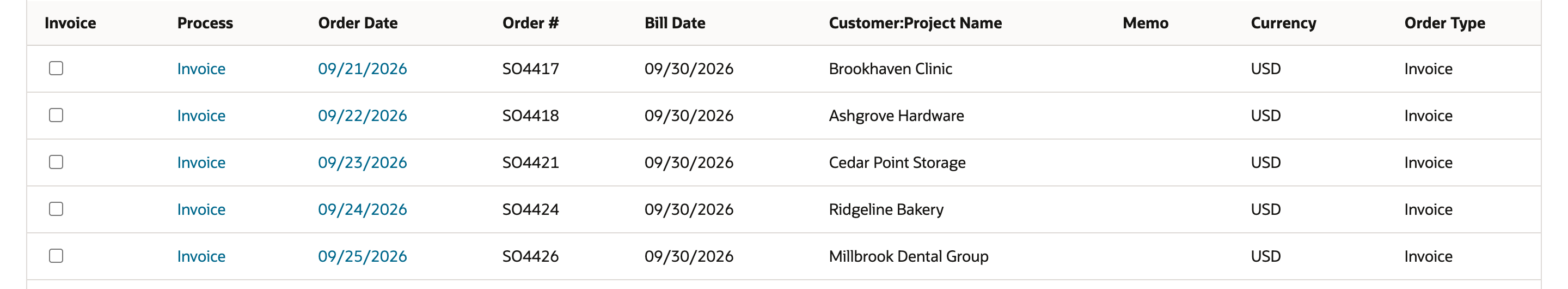 Invoice Sales Orders Orders list with five unchecked orders SO4417, SO4418, SO4421, SO4424 and SO4426, each with Bill Date 09/30/2026 and Order Type Invoice