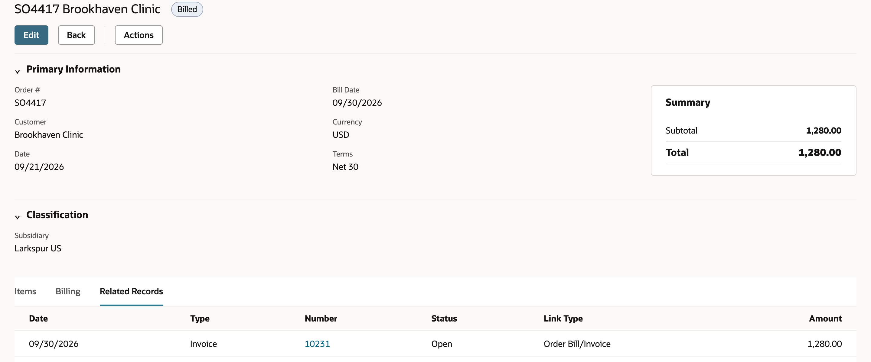 Sales order SO4417 Brookhaven Clinic with status Billed, Total 1,280.00, and Related Records listing Invoice 10231 dated 09/30/2026, Open, Link Type Order Bill/Invoice, Amount 1,280.00