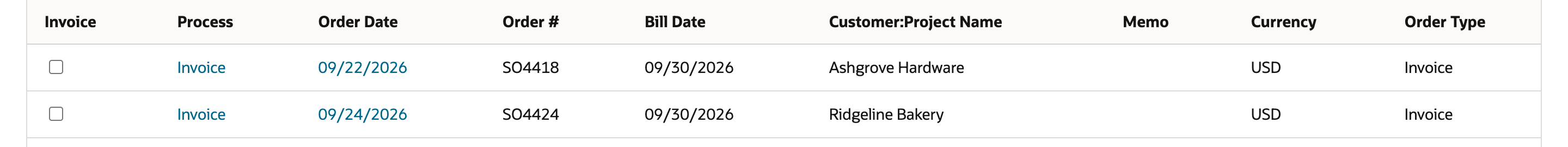 Invoice Sales Orders Orders list after the run with only SO4418 Ashgrove Hardware and SO4424 Ridgeline Bakery remaining