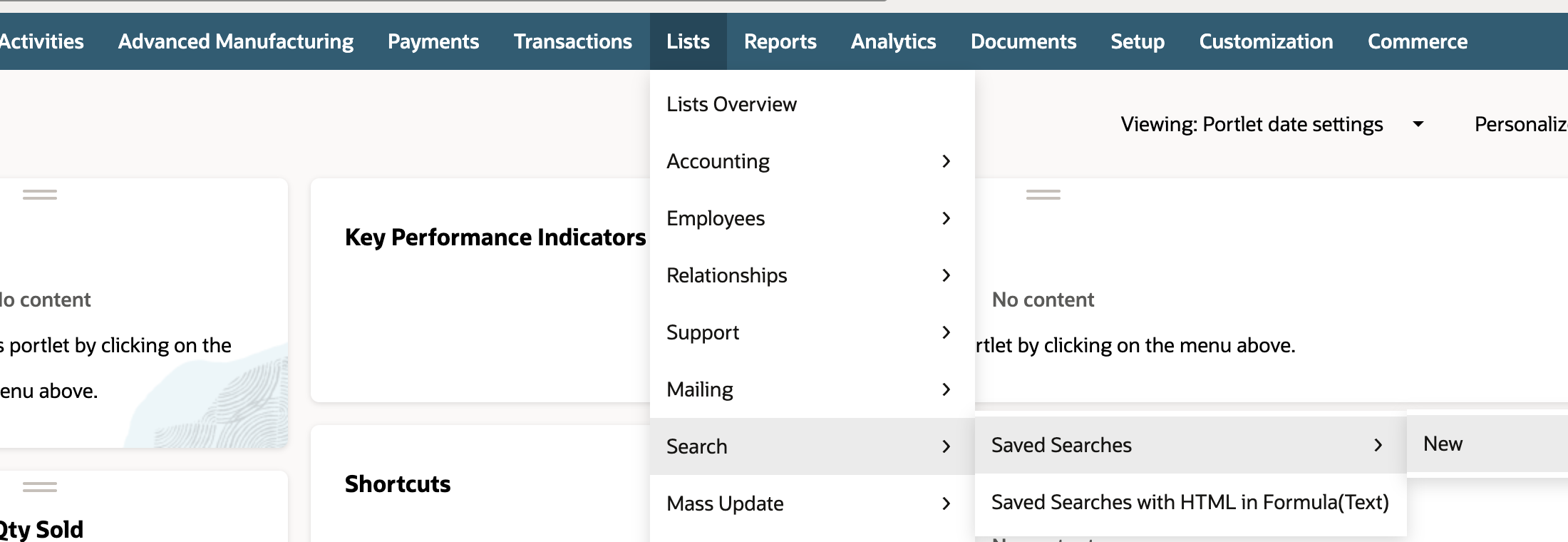Complete NetSuite account navigation with Lists, Search, Saved Searches and New open