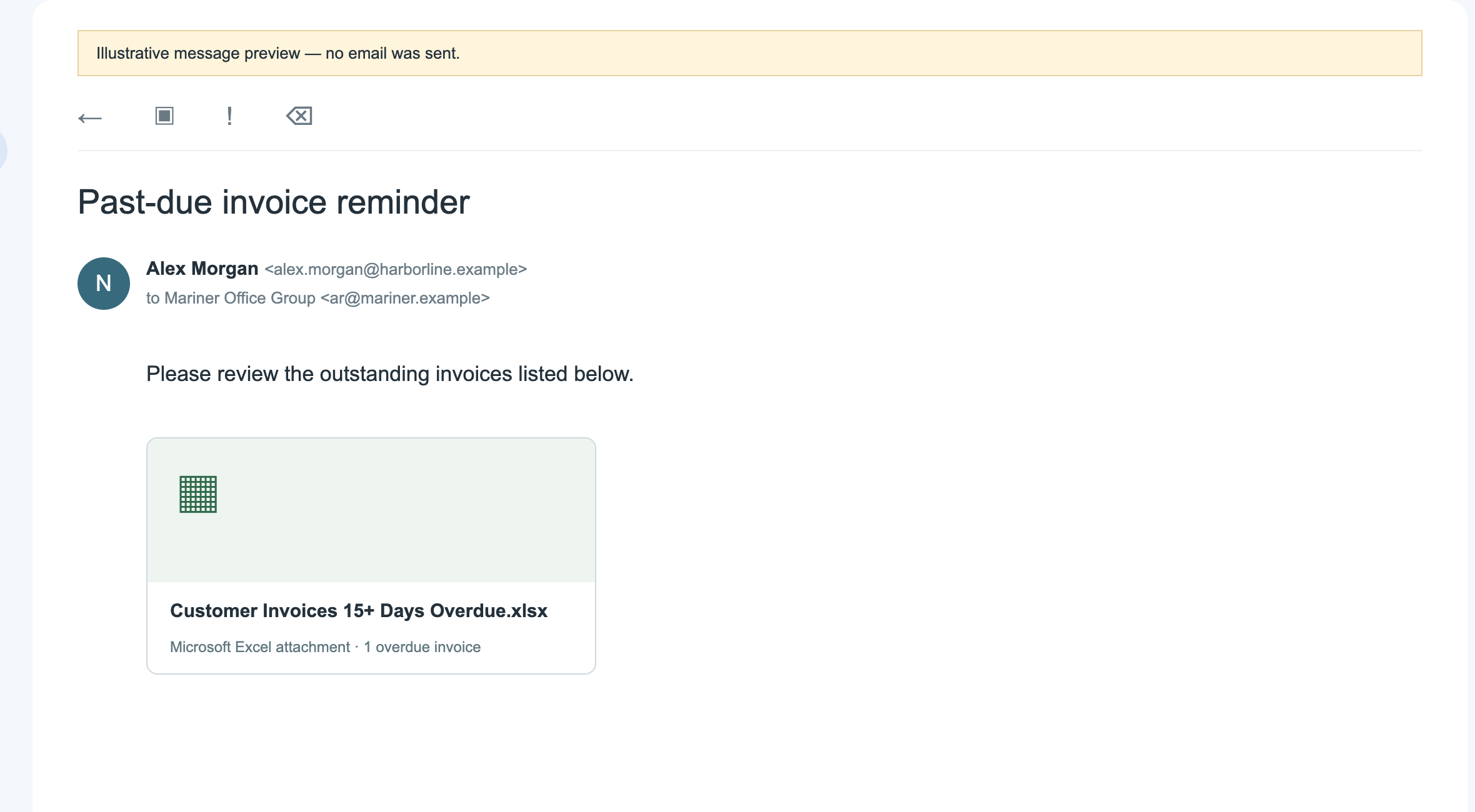 Illustrative email preview with the configured past-due invoice subject, customer recipient and Excel attachment