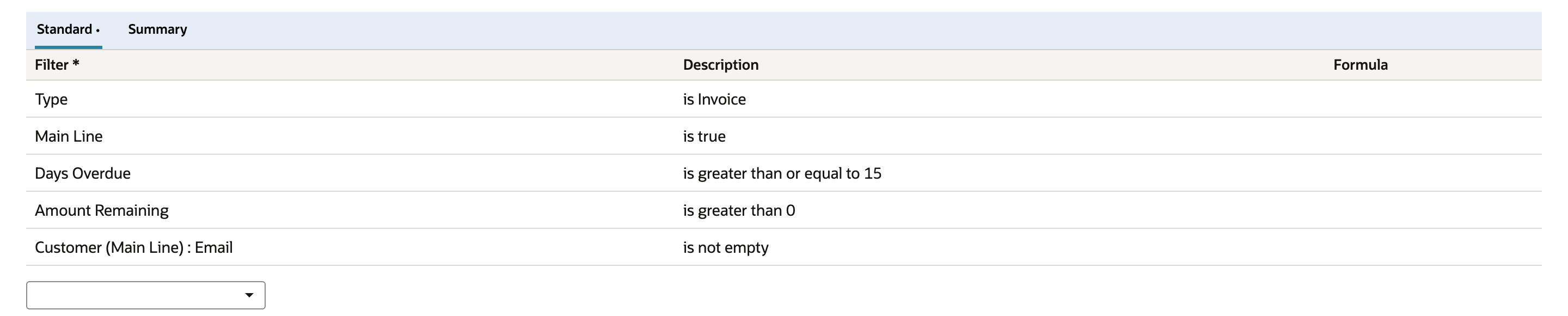 NetSuite transaction saved search criteria rows: Type is Invoice, Main Line is true, Days Overdue is greater than or equal to 15, Amount Remaining is greater than 0, Customer (Main Line) : Email is not empty