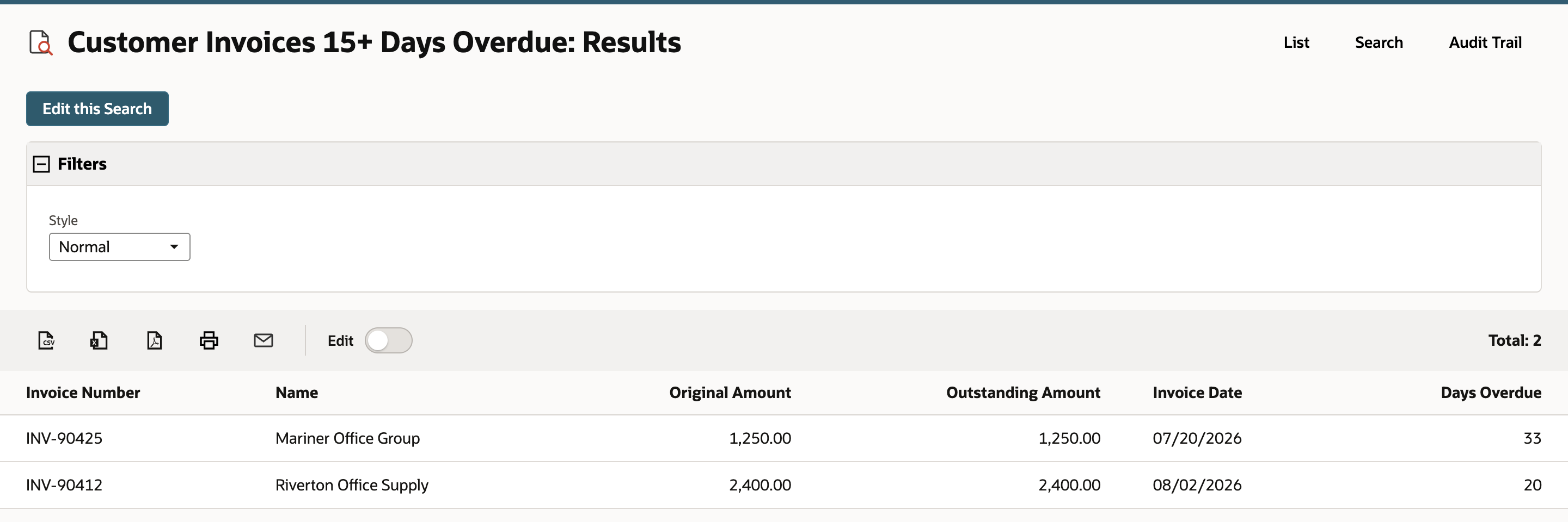 NetSuite saved search results page after Save & Run with Edit this Search and two overdue invoices sorted by days overdue