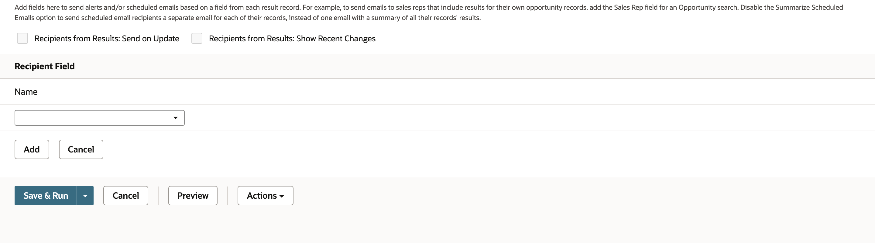 NetSuite saved search Email tab with Send Emails According to Schedule and Summarize Scheduled Emails checked and Name added under Recipients from Results