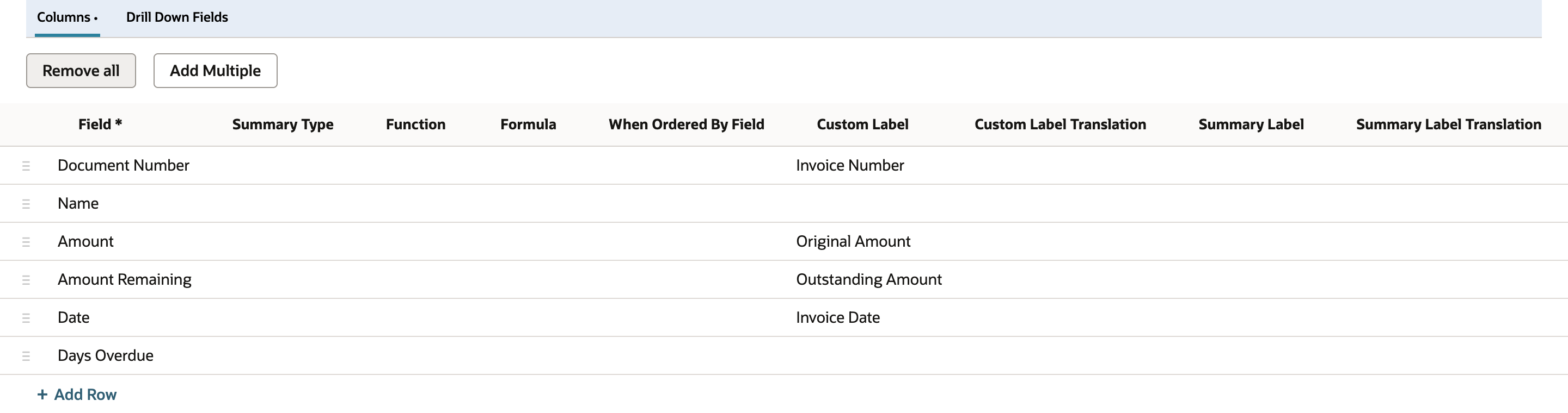 NetSuite saved search Results > Columns sublist with six fields and customer-facing custom labels