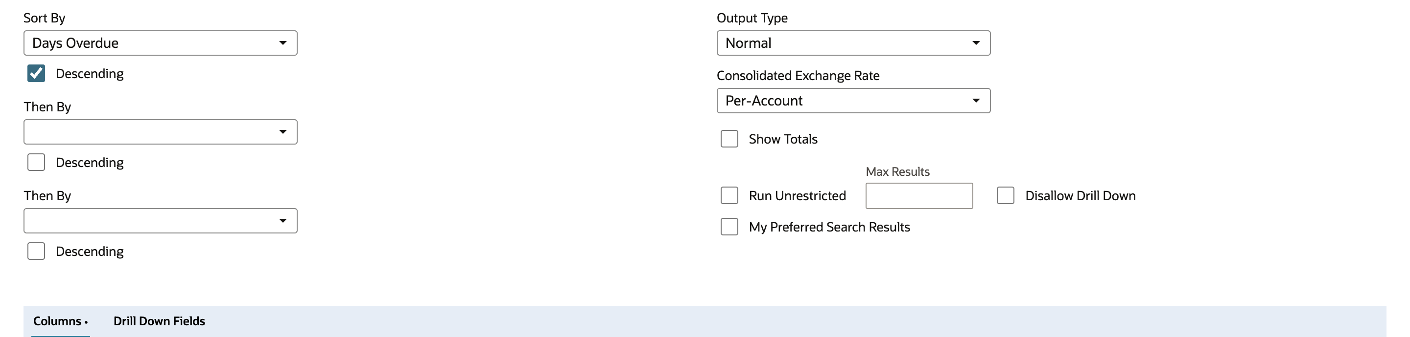 NetSuite saved search Results tab with Sort By set to Days Overdue and Descending checked