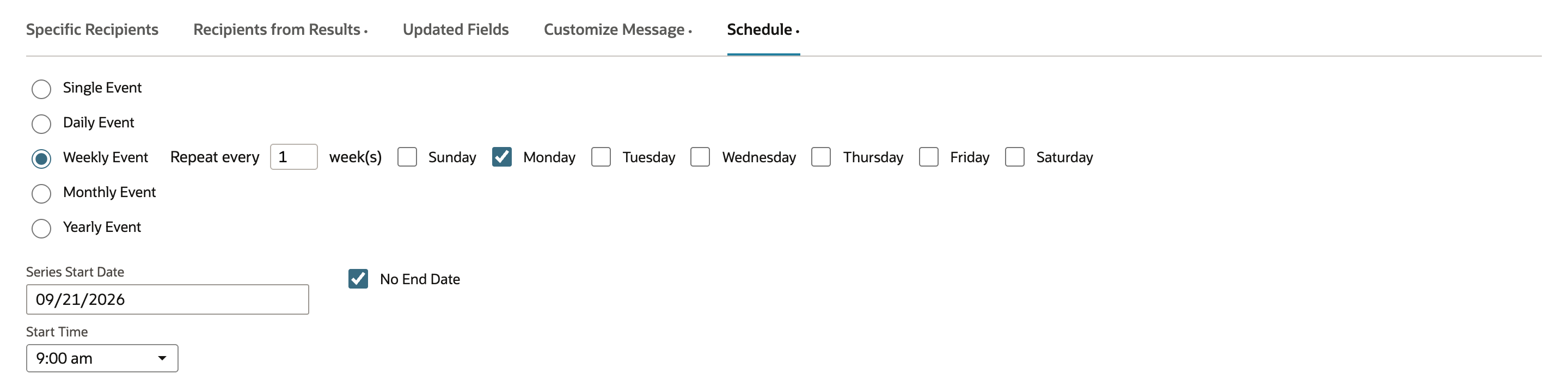 NetSuite saved search Schedule subtab with Weekly Event, Monday, Series Start Date 09/21/2026, Start Time 9:00 am and No End Date