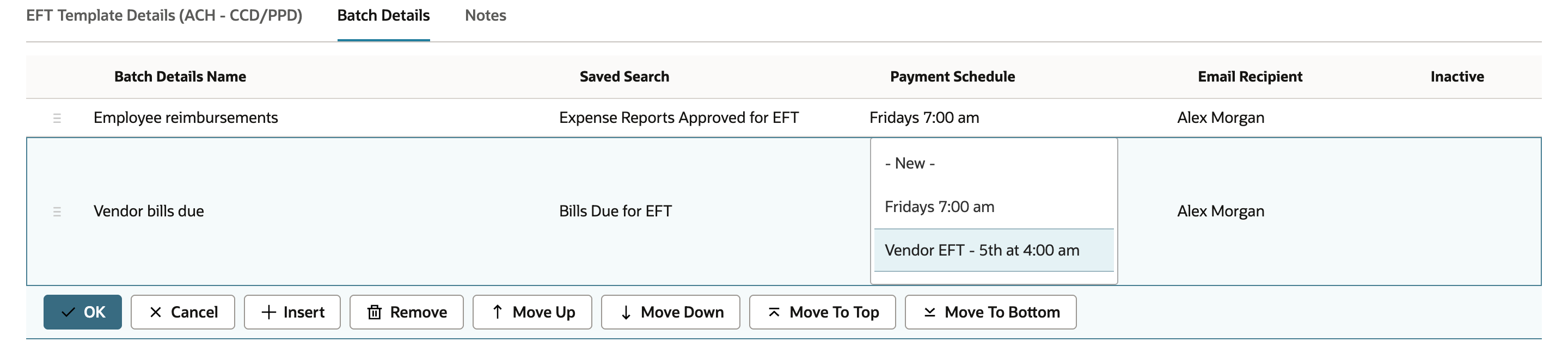 Batch Details in edit mode with the Vendor bills due line open and its Payment Schedule list showing - New -, Fridays 7:00 am and Vendor EFT - 5th at 4:00 am, with the new schedule highlighted above the OK button.