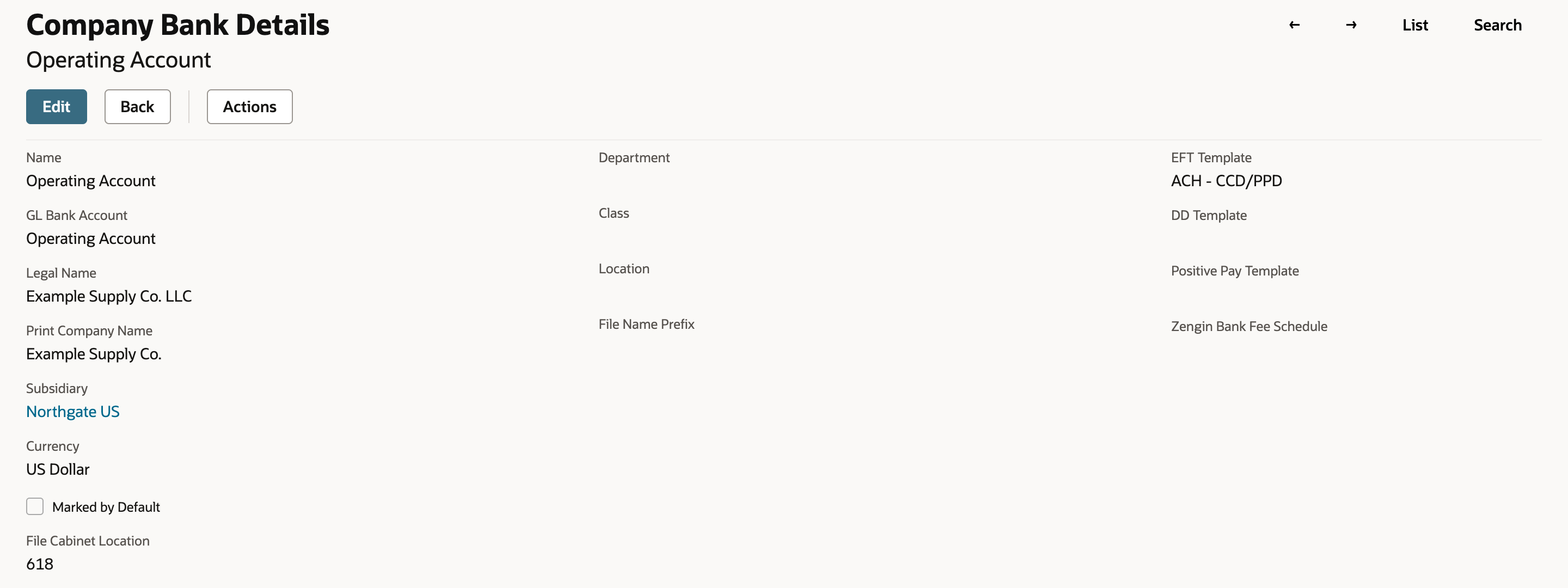 Company Bank Details record Operating Account with GL Bank Account Operating Account, Currency US Dollar, File Cabinet Location 618 and EFT Template ACH - CCD/PPD.