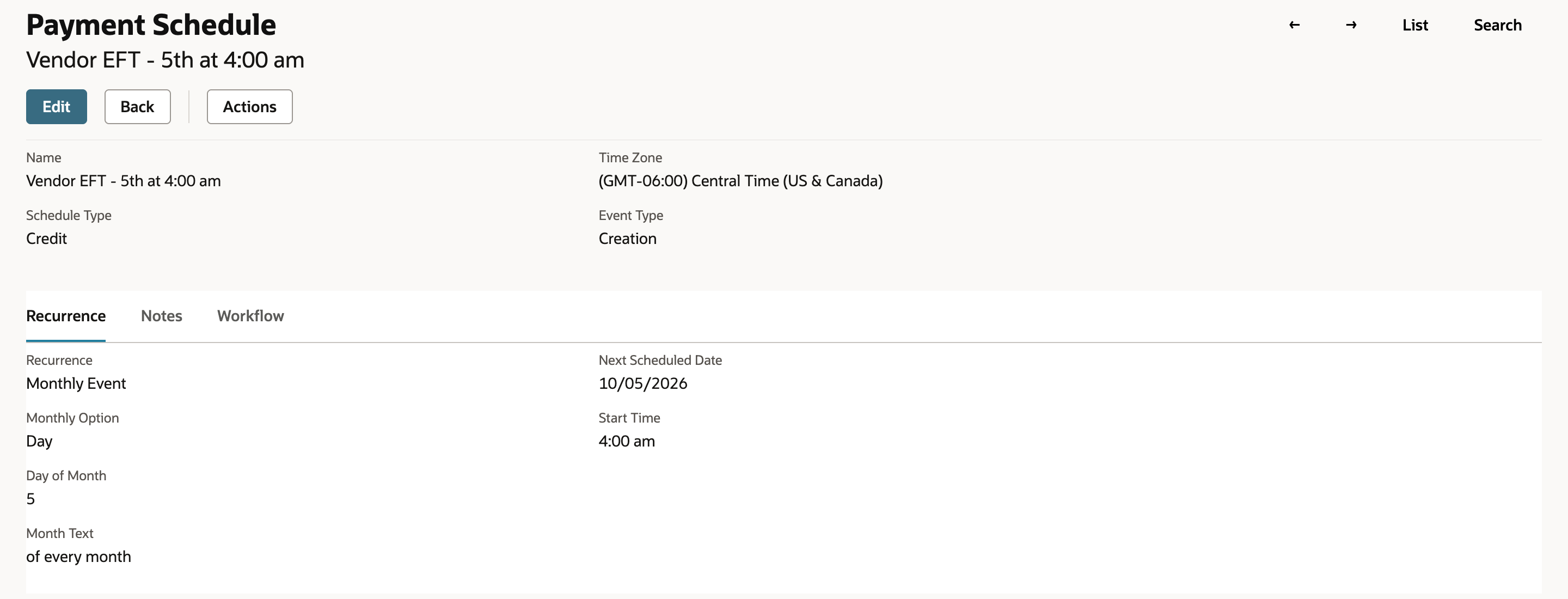 Saved Payment Schedule Vendor EFT - 5th at 4:00 am: Schedule Type Credit, Time Zone Central Time, Event Type Creation, Monthly Event, Day 5, of every month, Next Scheduled Date 10/05/2026, Start Time 4:00 am.