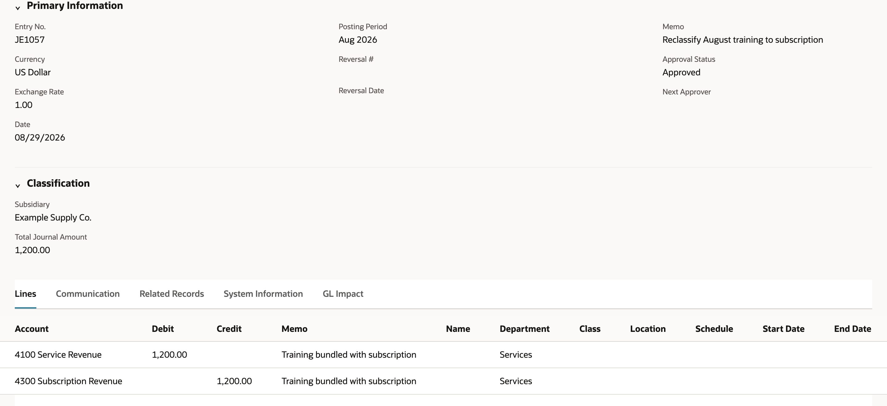 Journal JE1057 in Aug 2026 debiting 4100 Service Revenue 1,200.00 and crediting 4300 Subscription Revenue 1,200.00