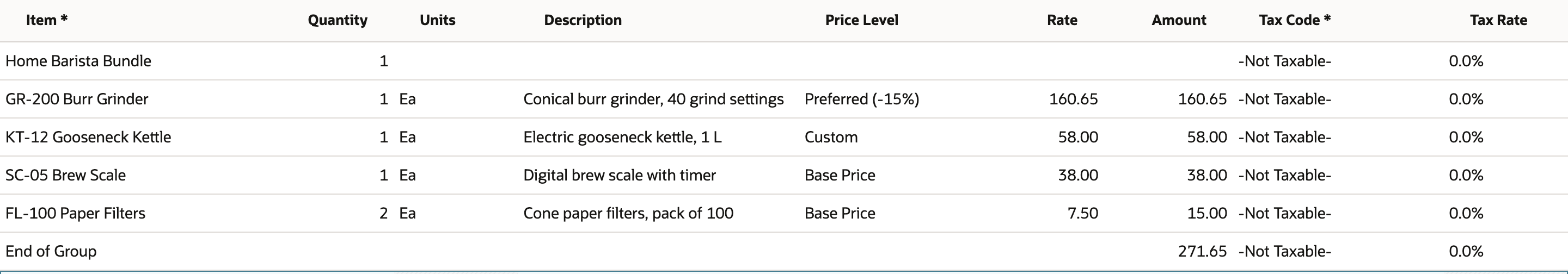 Item group lines after both changes: grinder at Preferred (-15%) 160.65, kettle at Custom 58.00, scale 38.00, filters 15.00, and End of Group 271.65