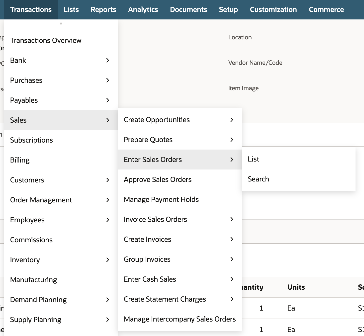NetSuite Transactions menu open with Sales and then Enter Sales Orders highlighted