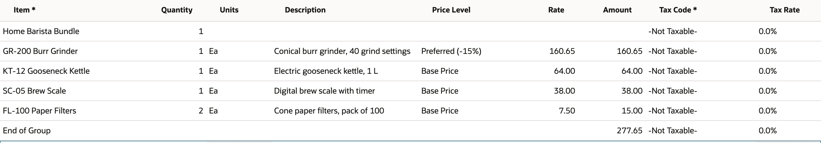 Item group lines after the grinder change: GR-200 Burr Grinder at Preferred (-15%) with rate and amount 160.65, the other components at Base Price, and End of Group 277.65