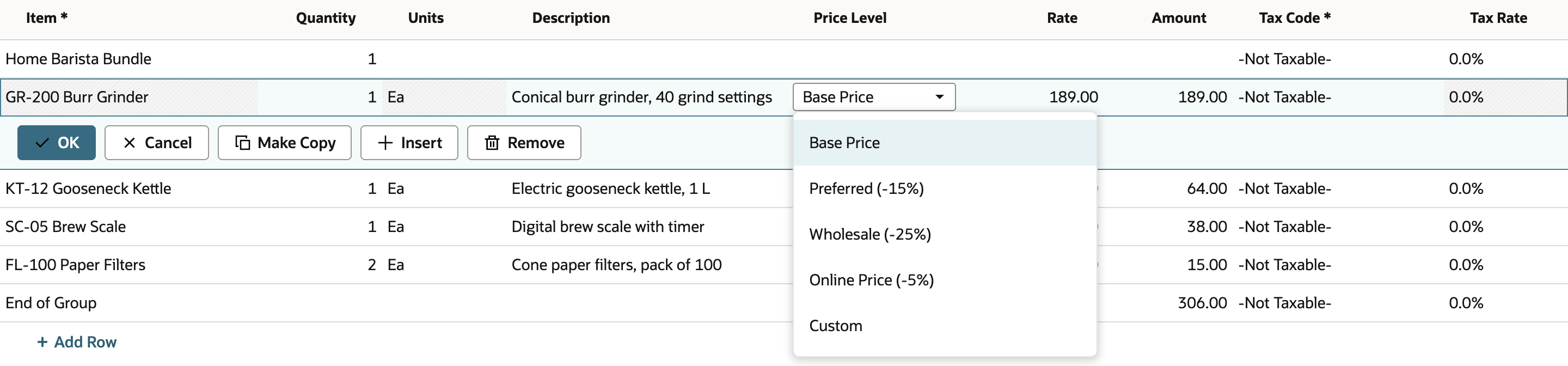 GR-200 Burr Grinder line in edit mode with the Price Level list open showing Base Price, Preferred (-15%), Wholesale (-25%), Online Price (-5%) and Custom