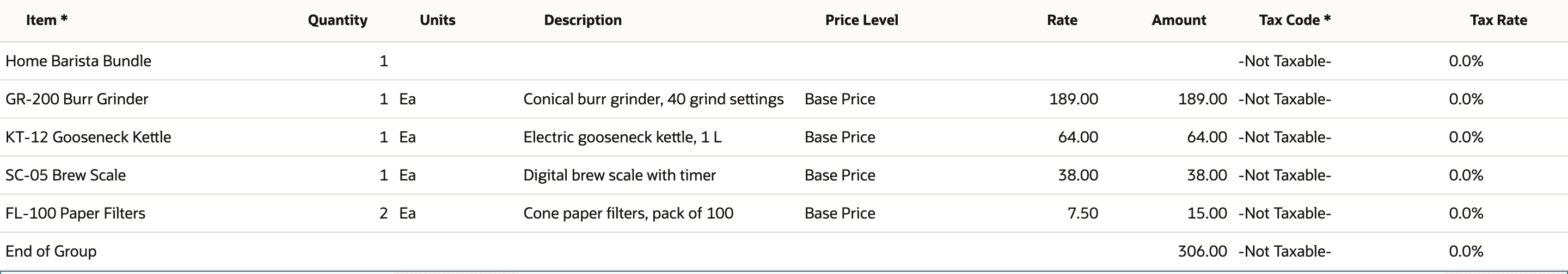 Expanded item group on the sales order: Home Barista Bundle group line, four component lines at Base Price with amounts 189.00, 64.00, 38.00 and 15.00, and End of Group 306.00
