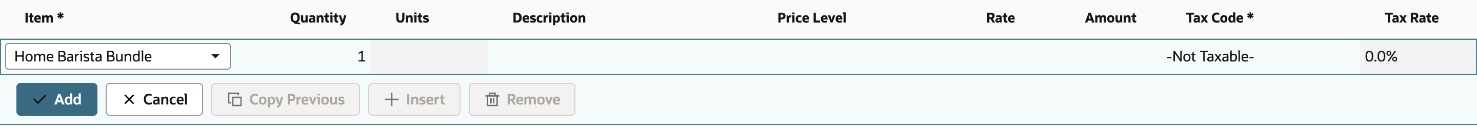 Sales order item line being entered with Home Barista Bundle in Item, Quantity 1 and empty Price Level, Rate and Amount, with the Add button below
