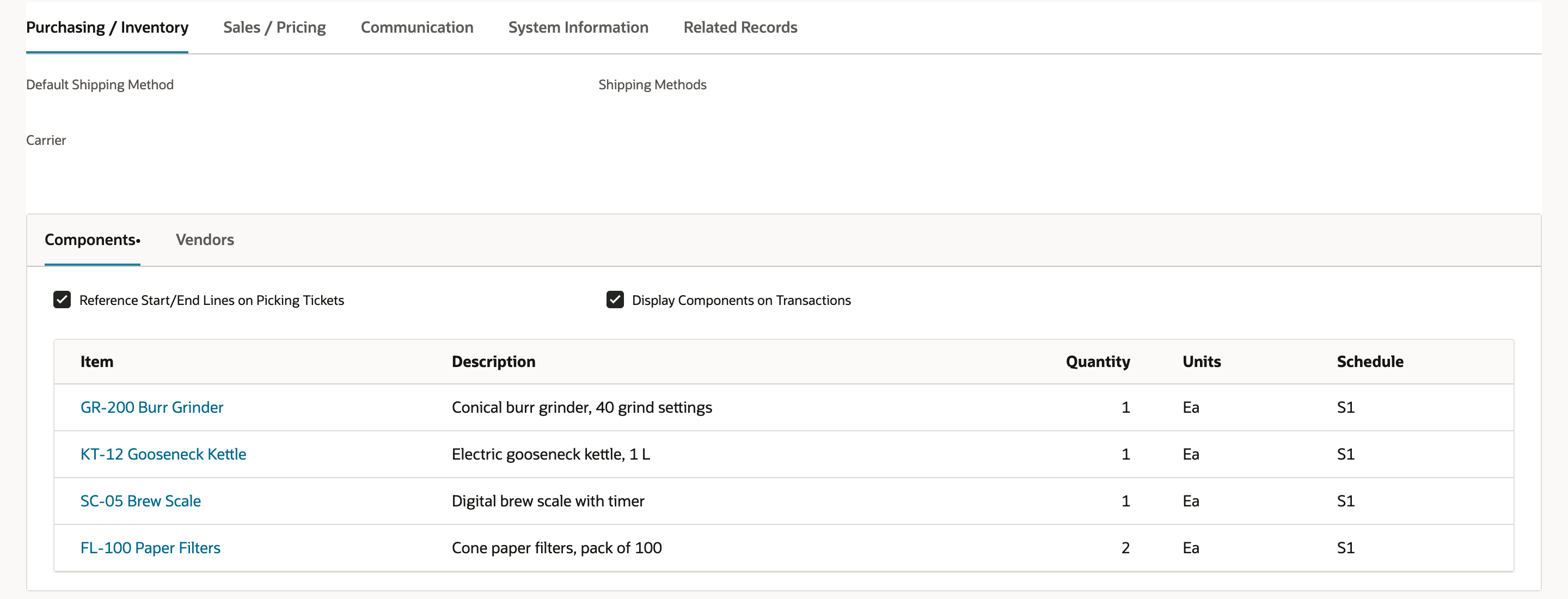 Item Group record on the Purchasing / Inventory tab with the Components subtab listing GR-200 Burr Grinder 1, KT-12 Gooseneck Kettle 1, SC-05 Brew Scale 1 and FL-100 Paper Filters 2