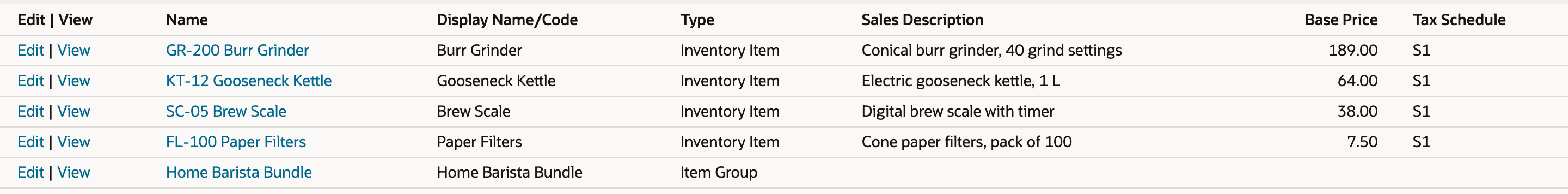 NetSuite Items list with four inventory items priced 189.00, 64.00, 38.00 and 7.50, and Home Barista Bundle of Type Item Group with an empty Base Price