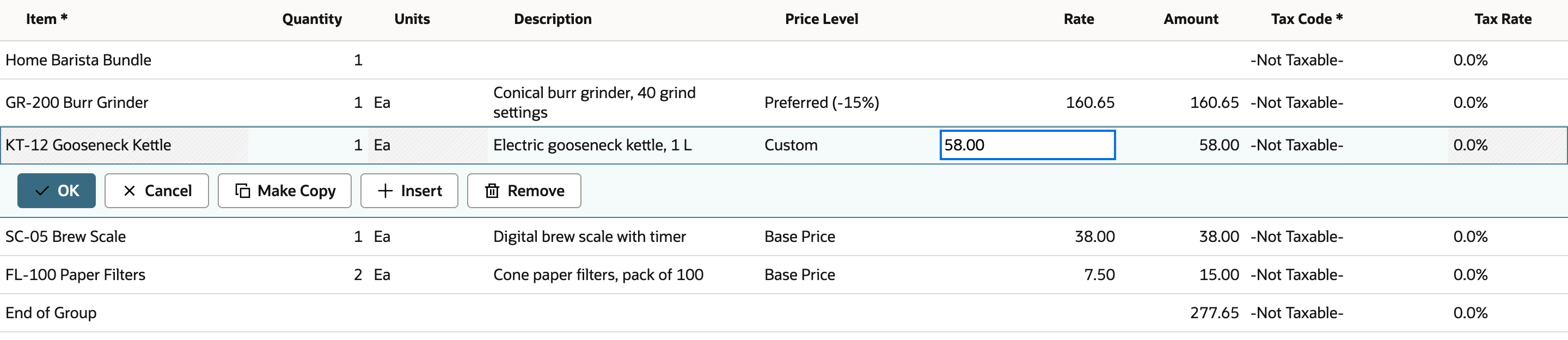 KT-12 Gooseneck Kettle line in edit mode with 58.00 typed in Rate and Price Level showing Custom, before OK