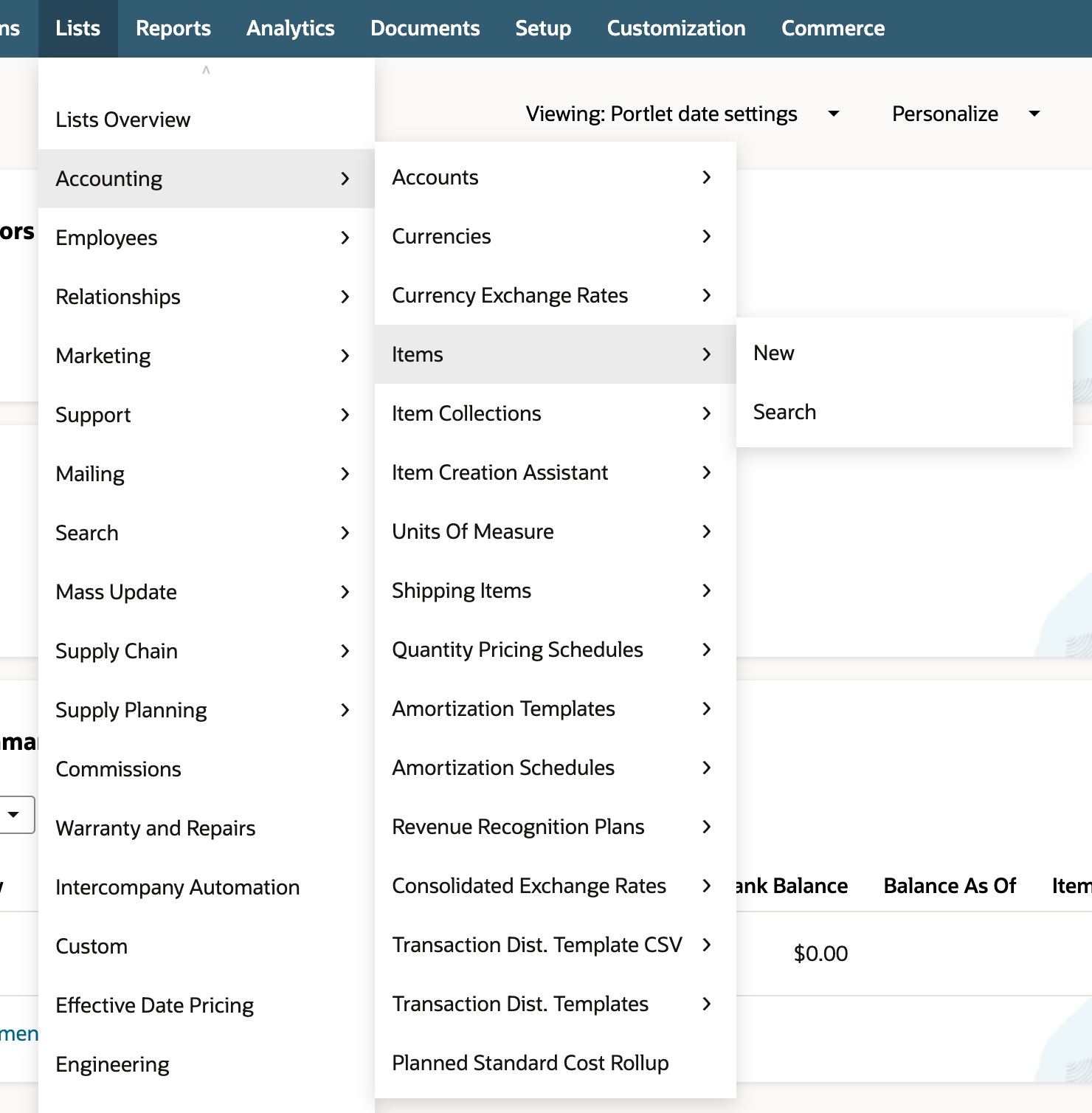 NetSuite Lists menu open with Accounting and then Items highlighted
