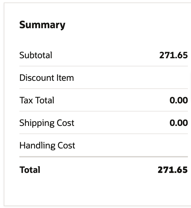 Sales order Summary box with Subtotal 271.65, Tax Total 0.00, Shipping Cost 0.00 and Total 271.65