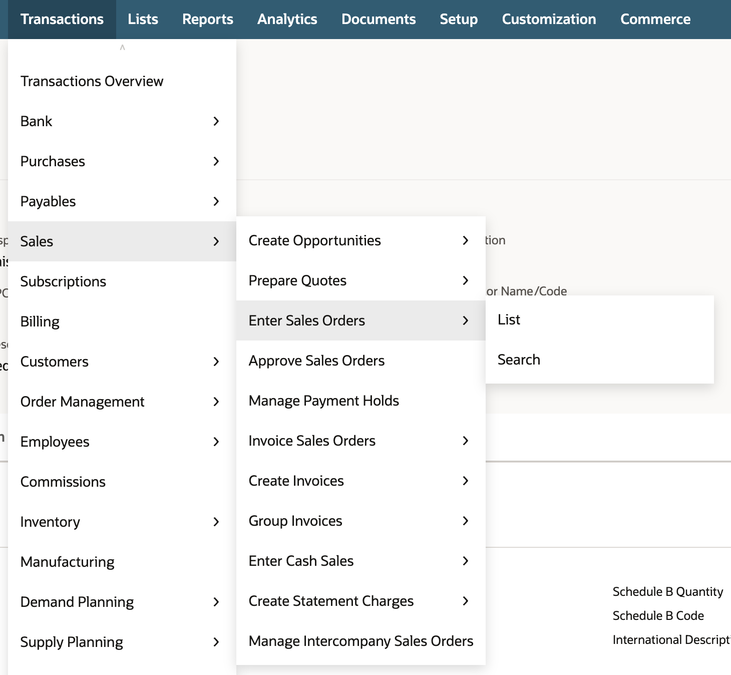 NetSuite Transactions menu open with Sales and then Enter Sales Orders highlighted