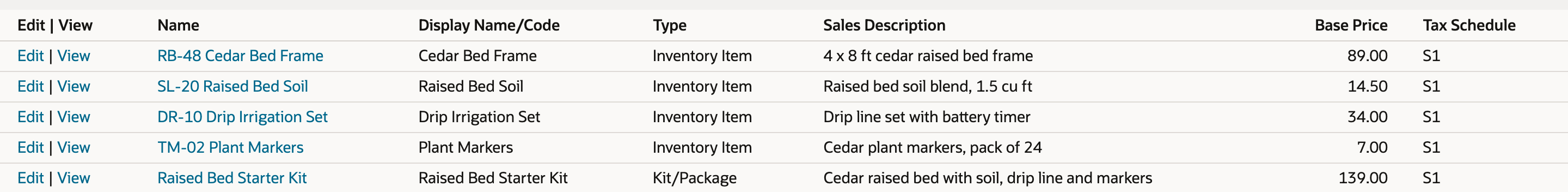 NetSuite Items list with four inventory items priced 89.00, 14.50, 34.00 and 7.00, and Raised Bed Starter Kit of Type Kit/Package with a Base Price of 139.00