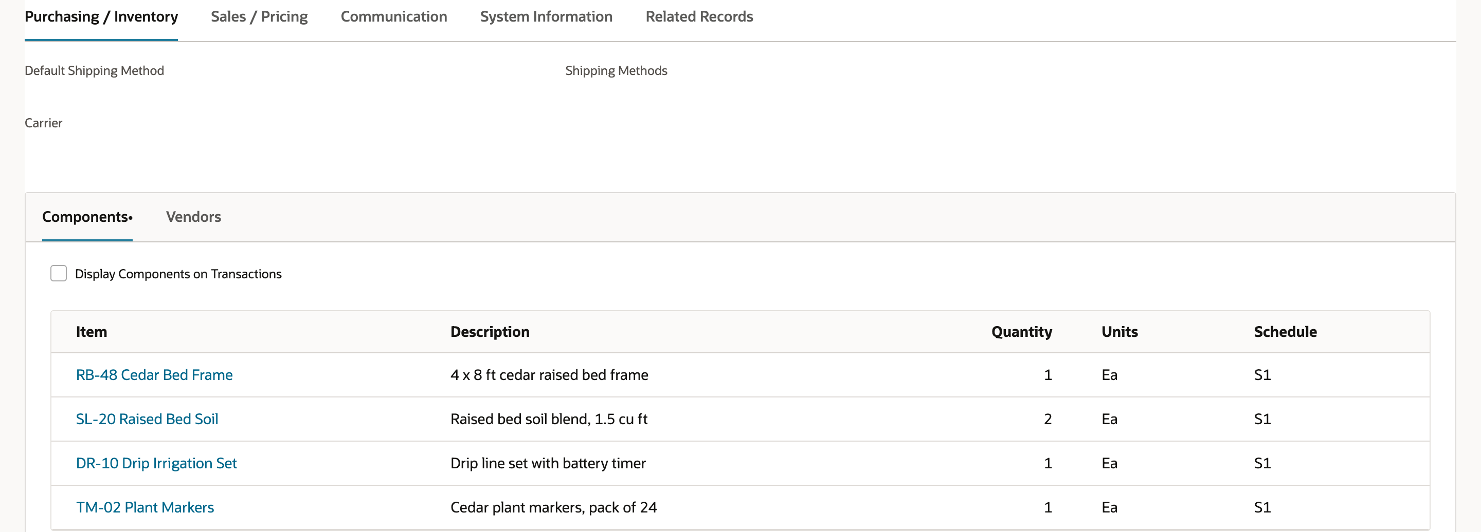 Kit/Package record on the Purchasing / Inventory tab with the Components subtab listing RB-48 Cedar Bed Frame 1, SL-20 Raised Bed Soil 2, DR-10 Drip Irrigation Set 1 and TM-02 Plant Markers 1