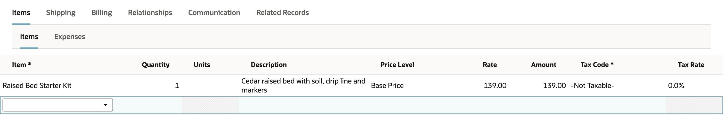 Sales order Items subtab with one committed line: Raised Bed Starter Kit, Quantity 1, Price Level Base Price, Rate 139.00, Amount 139.00, with an empty new line below
