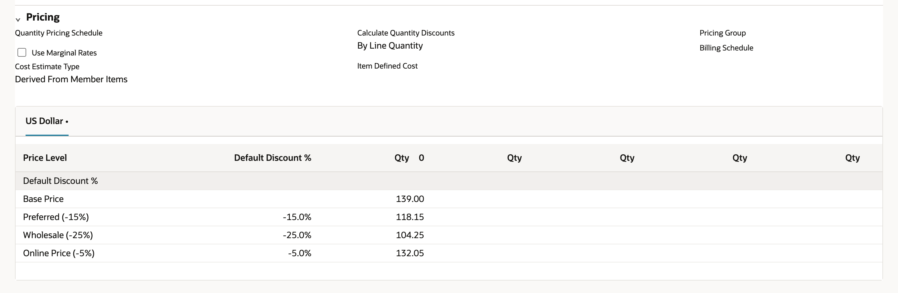 Kit Sales / Pricing tab with Cost Estimate Type Derived From Member Items and a US Dollar pricing matrix showing Base Price 139.00, Preferred (-15%) 118.15, Wholesale (-25%) 104.25 and Online Price (-5%) 132.05