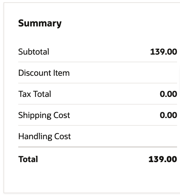 Sales order Summary box with Subtotal 139.00, Tax Total 0.00, Shipping Cost 0.00 and Total 139.00
