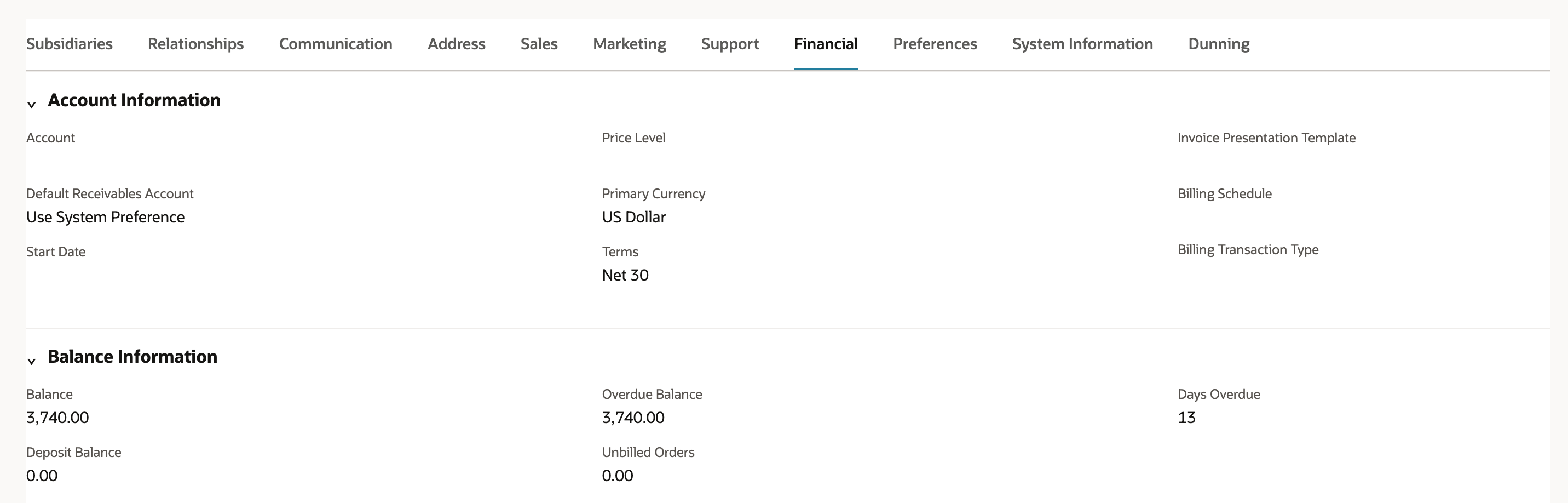 Customer Financial subtab, Balance Information section: Balance 3,740.00, Deposit Balance 0.00, Overdue Balance 3,740.00, Unbilled Orders 0.00 and Days Overdue 13.