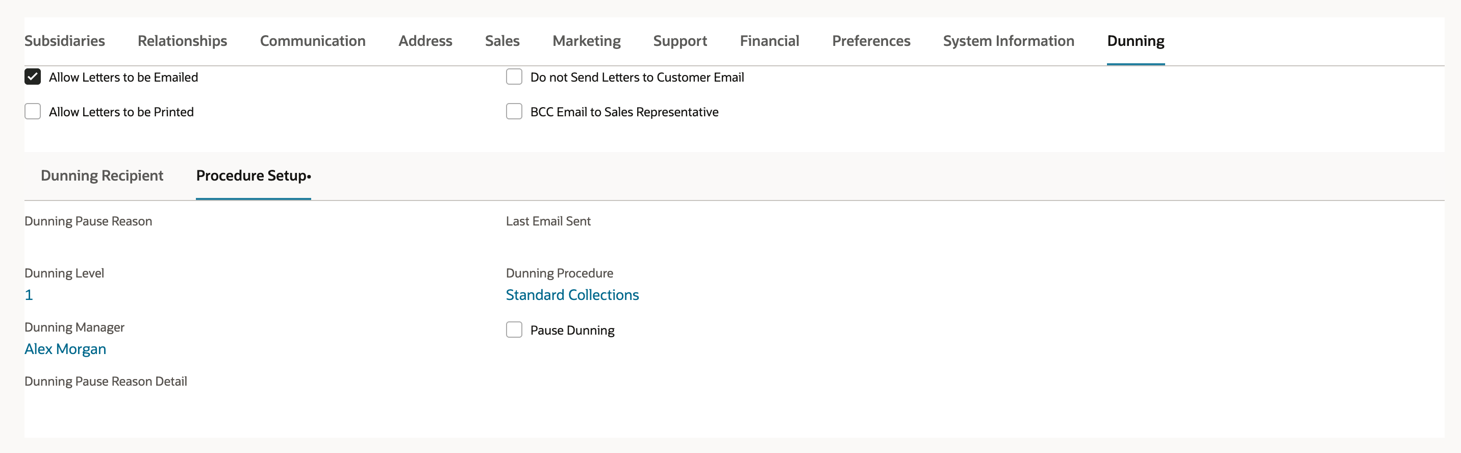 Customer Dunning subtab with Allow Letters to be Emailed checked; Procedure Setup shows Dunning Level 1, Dunning Manager Alex Morgan, Dunning Procedure Standard Collections and an empty Last Email Sent.