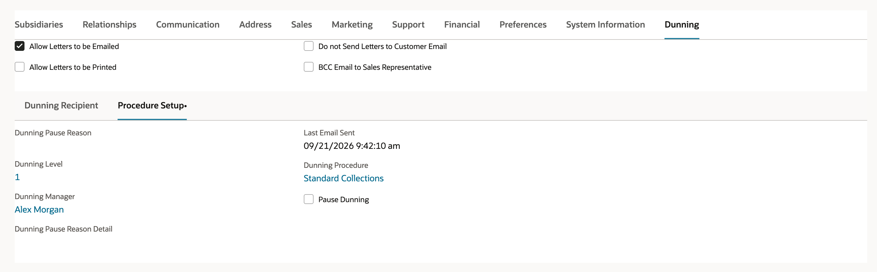 Customer Dunning subtab, Procedure Setup after sending: Last Email Sent 09/21/2026 9:42:10 am, Dunning Level 1 and Dunning Procedure Standard Collections.