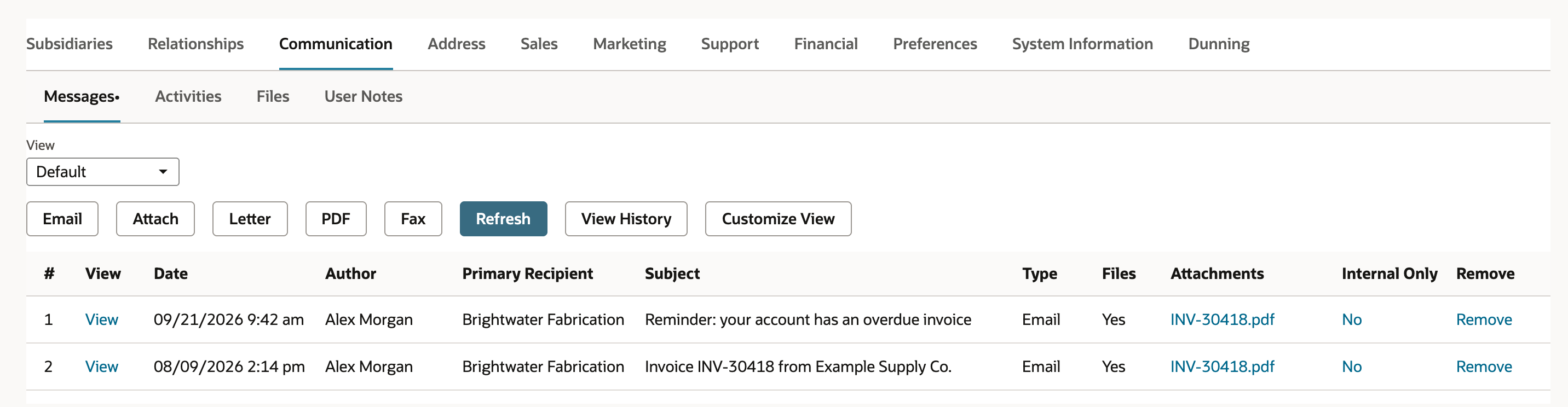 Customer Communication subtab, Messages: the first row is the 09/21/2026 9:42 am email from Alex Morgan to Brightwater Fabrication, subject Reminder: your account has an overdue invoice, with INV-30418.pdf attached.