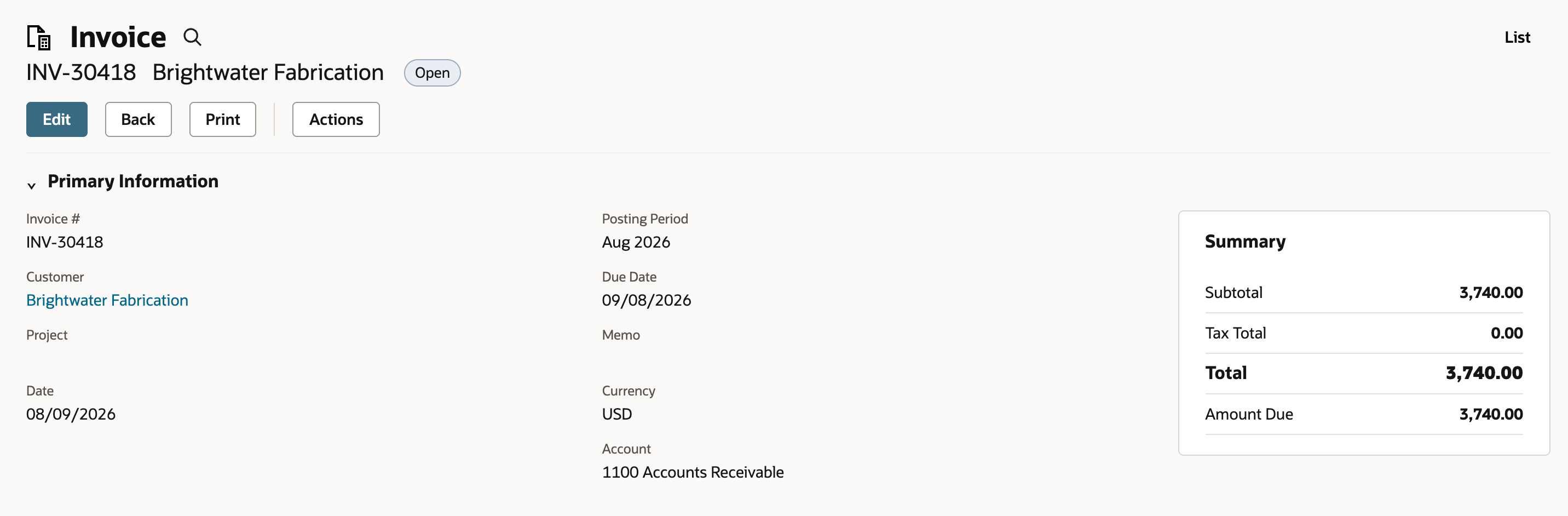 Invoice INV-30418 for Brightwater Fabrication with status Open, Date 08/09/2026, Due Date 09/08/2026, and a Summary showing Total and Amount Due 3,740.00.