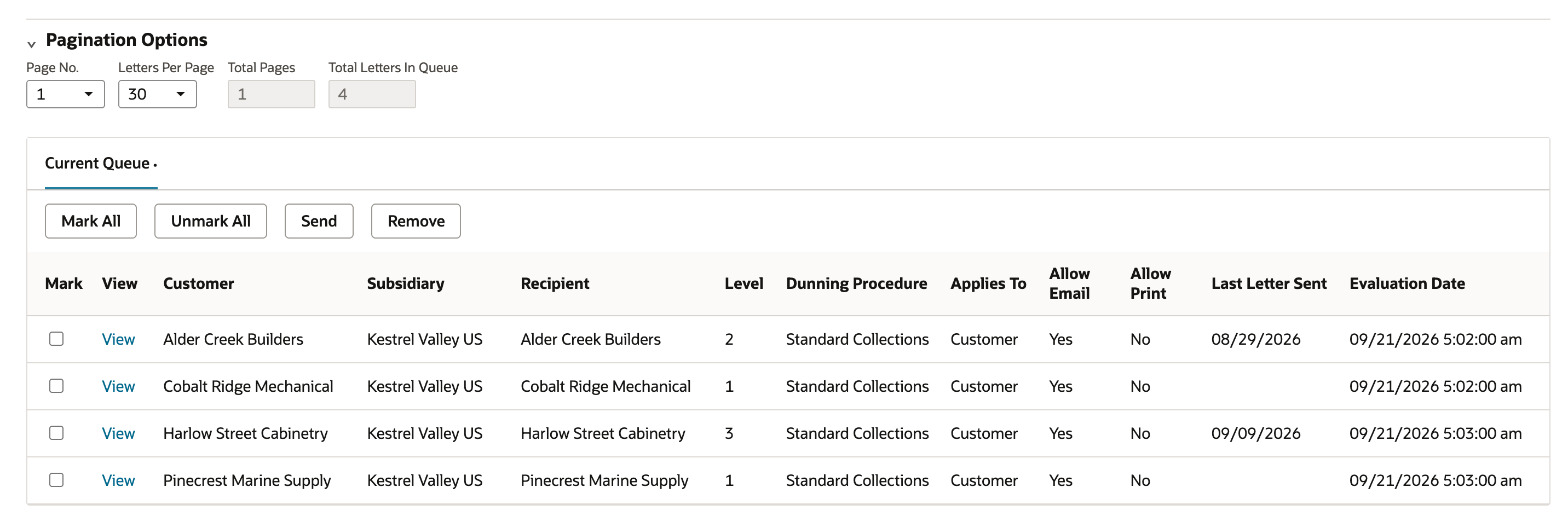 The queue after sending: Total Letters In Queue 4 and four rows for Alder Creek Builders, Cobalt Ridge Mechanical, Harlow Street Cabinetry and Pinecrest Marine Supply.