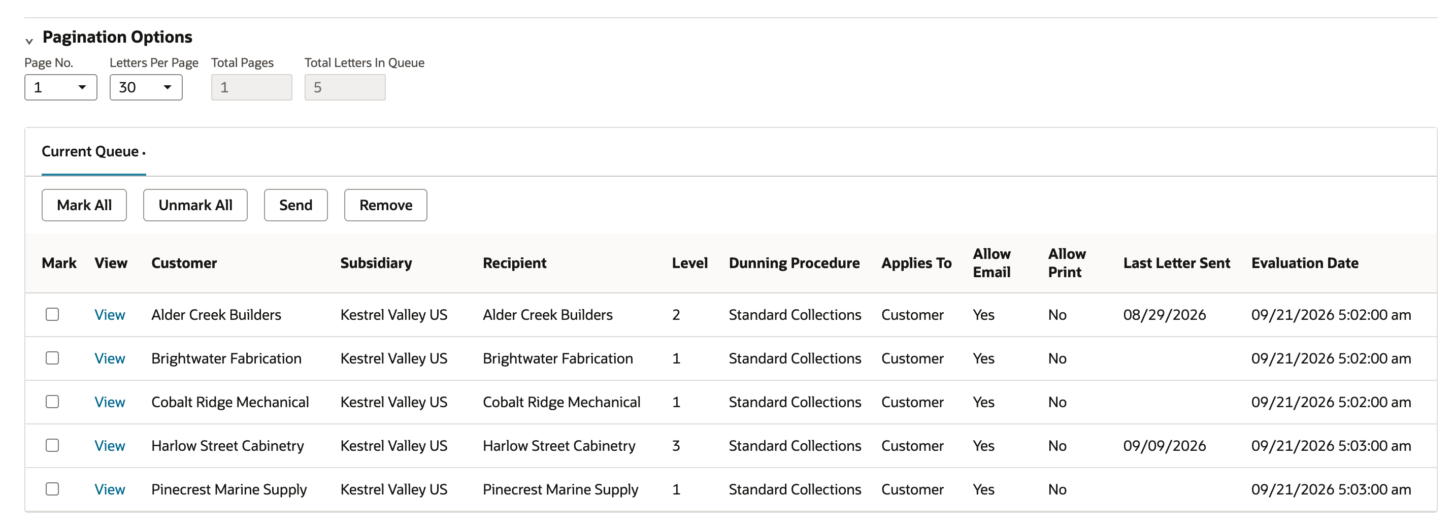Dunning Email Sending Queue with Total Letters In Queue 5 and five rows; the Brightwater Fabrication row shows Level 1, Standard Collections, Customer, Allow Email Yes and Allow Print No.