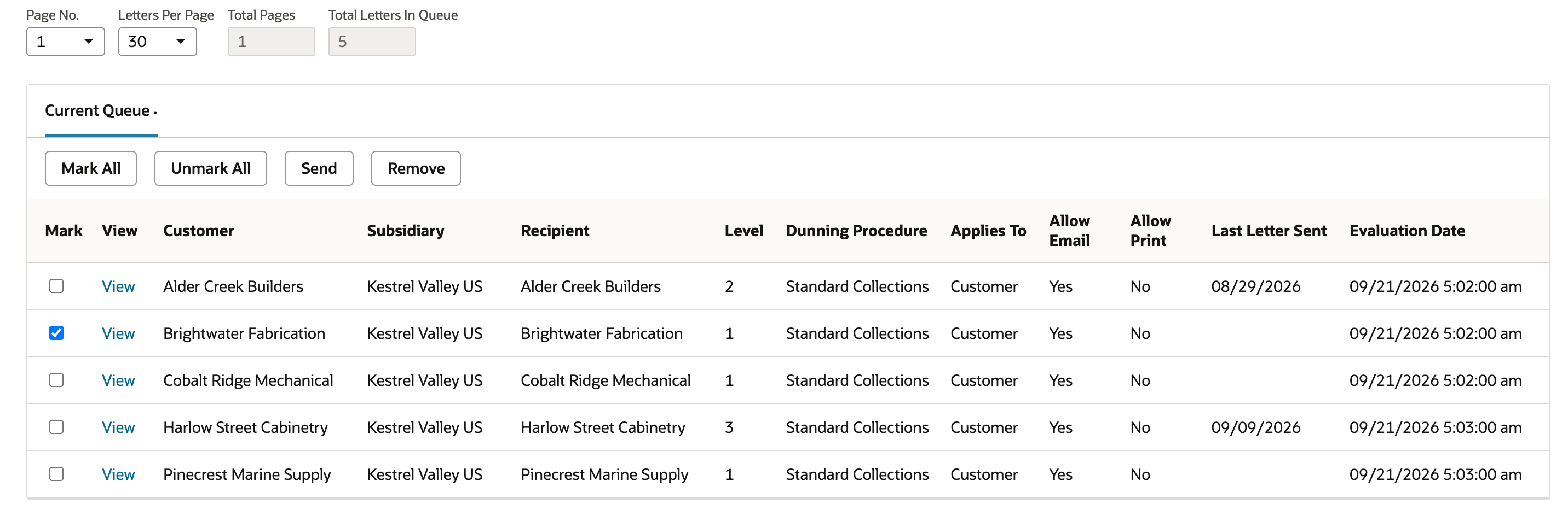 The Current Queue with only the Brightwater Fabrication row marked, below the Mark All, Unmark All, Send and Remove buttons.