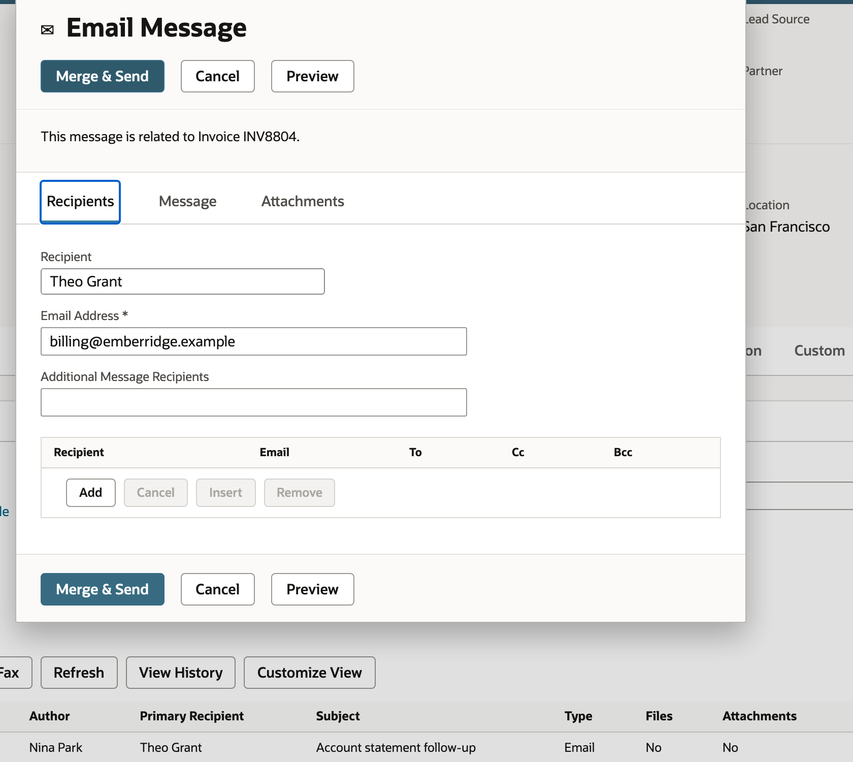 Verify the selected recipient and email address.