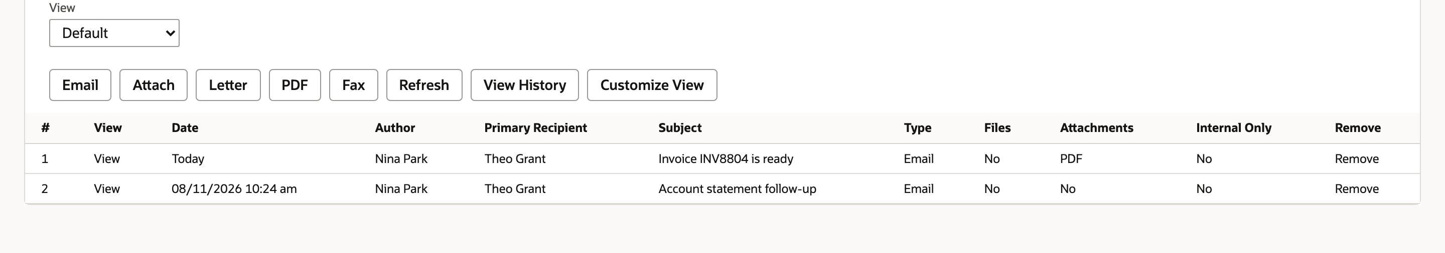 The invoice’s Messages history records the email with its PDF attachment.