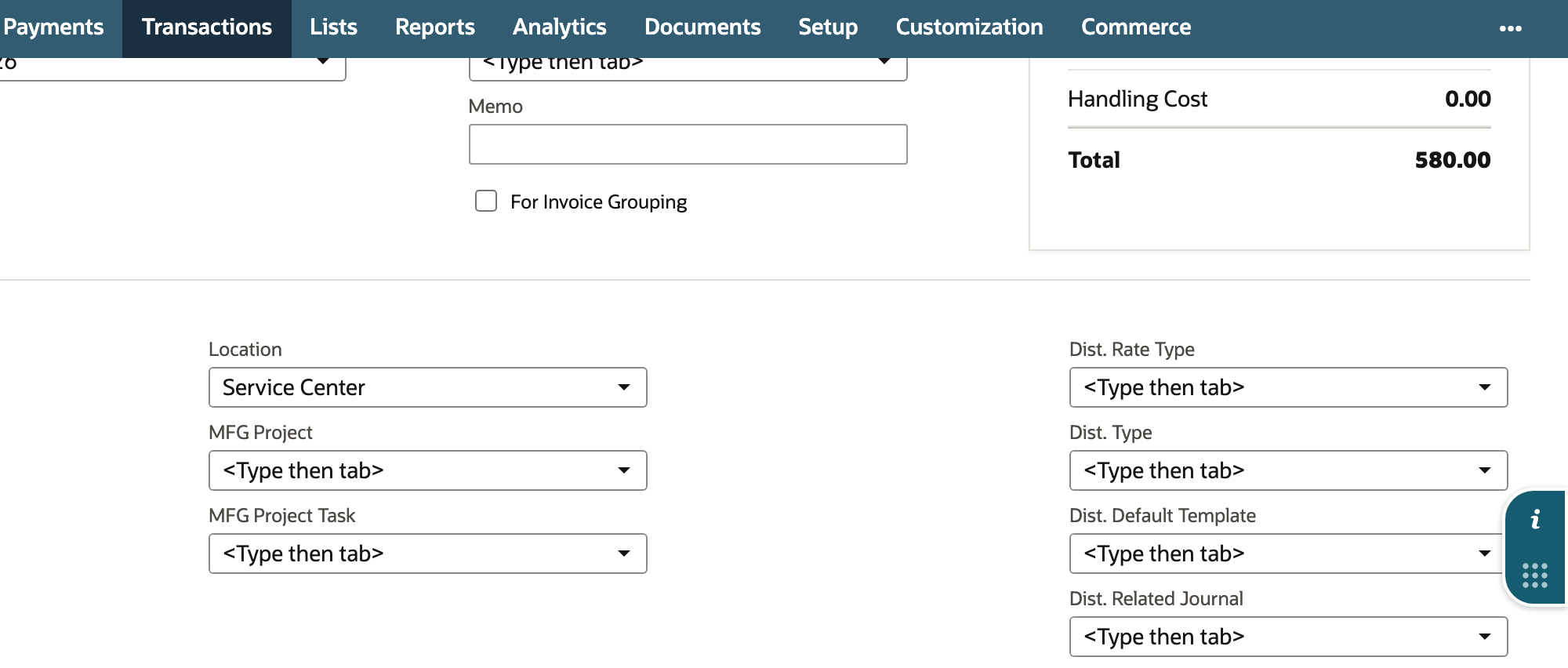 Invoice line showing the service, description, quantity, rate, and calculated amount.
