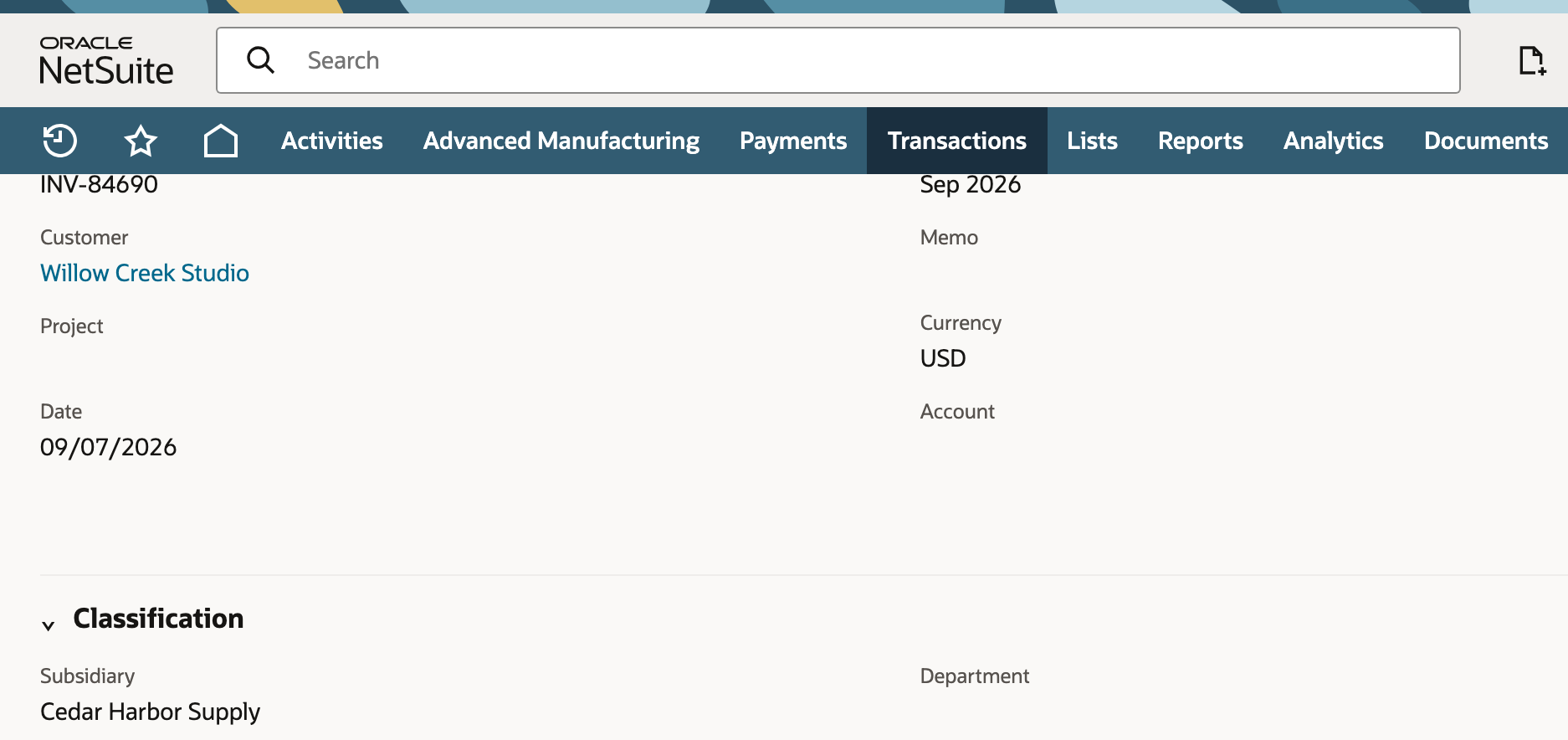Saved invoice showing the transaction number, customer, service line, and total.