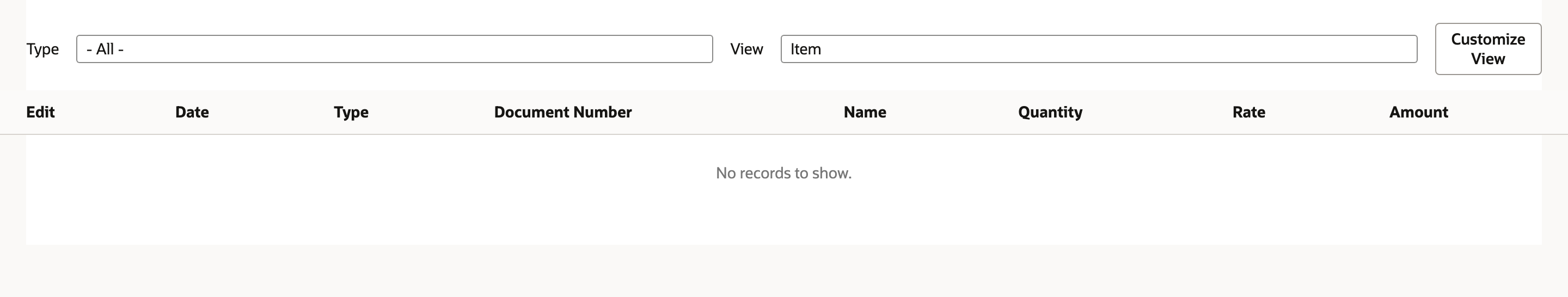 Saved service item with an empty Transactions list.