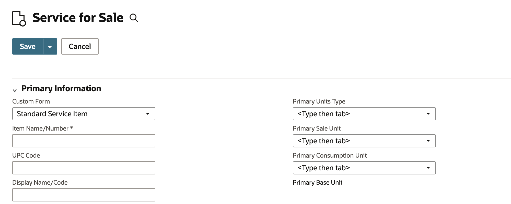 Service for Sale form with the item setup sections visible.