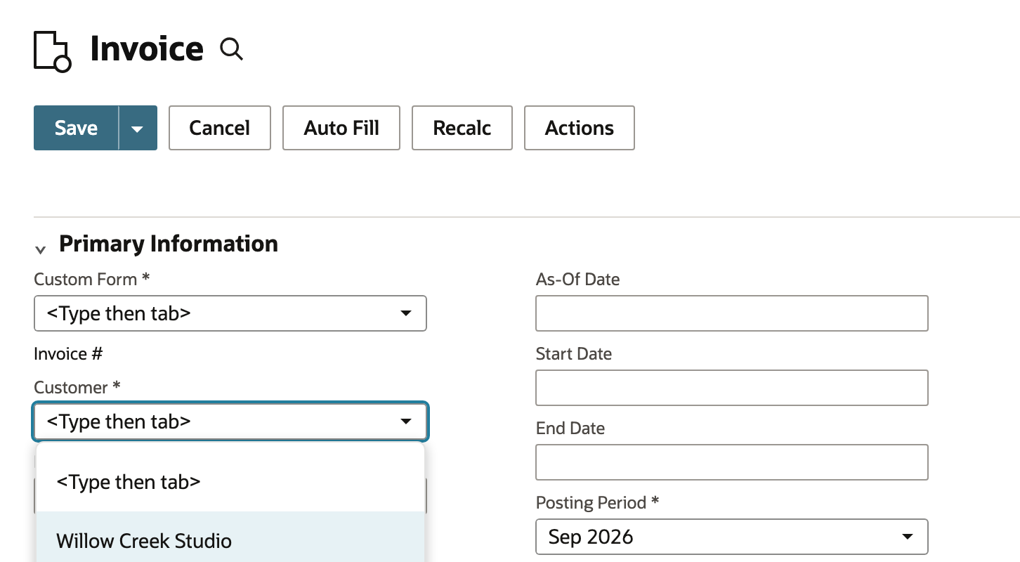 New Invoice form with the customer and required header fields available.