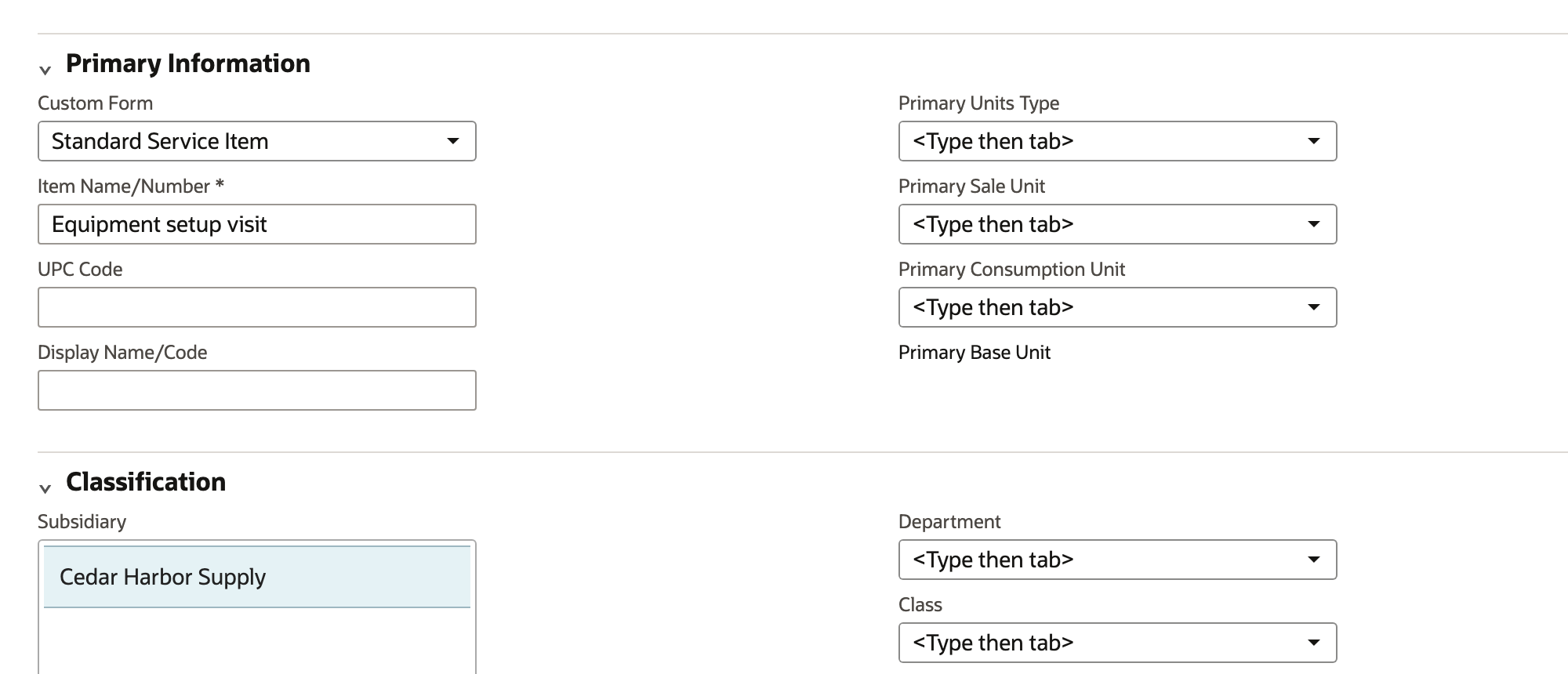 The item name is entered on the service item form.